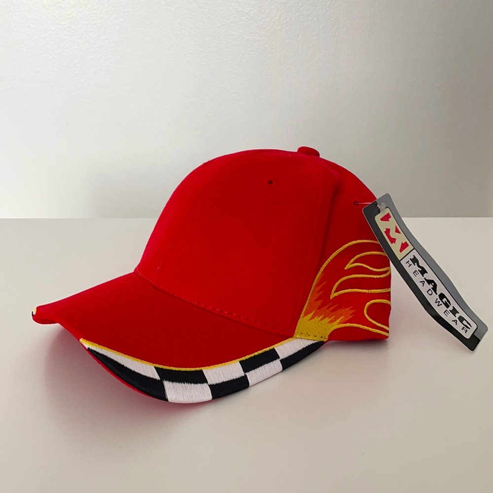 Red Hat w/ racing checkered flag and flame accents